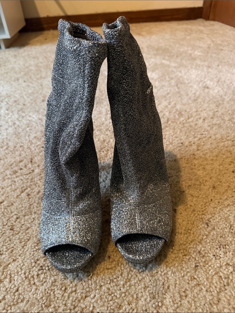Jessica Simpson Silver Glitter Peep-Toe Sock Booties